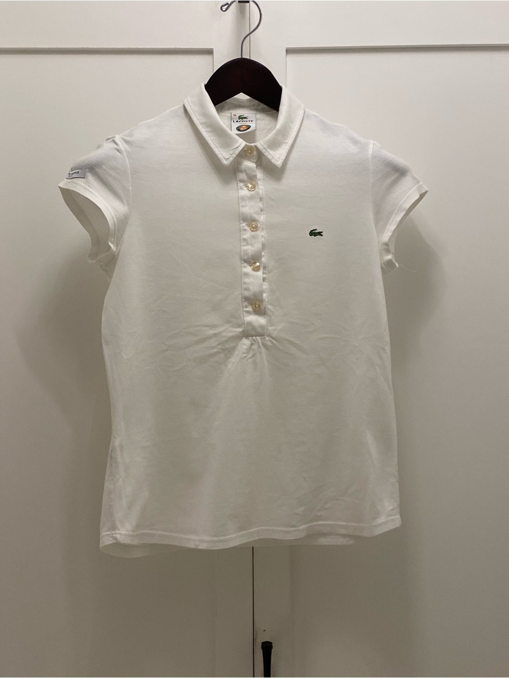 Lacoste Women's White Short-Sleeve Button-Down Polo with Green Logo - Picture 3 of 9